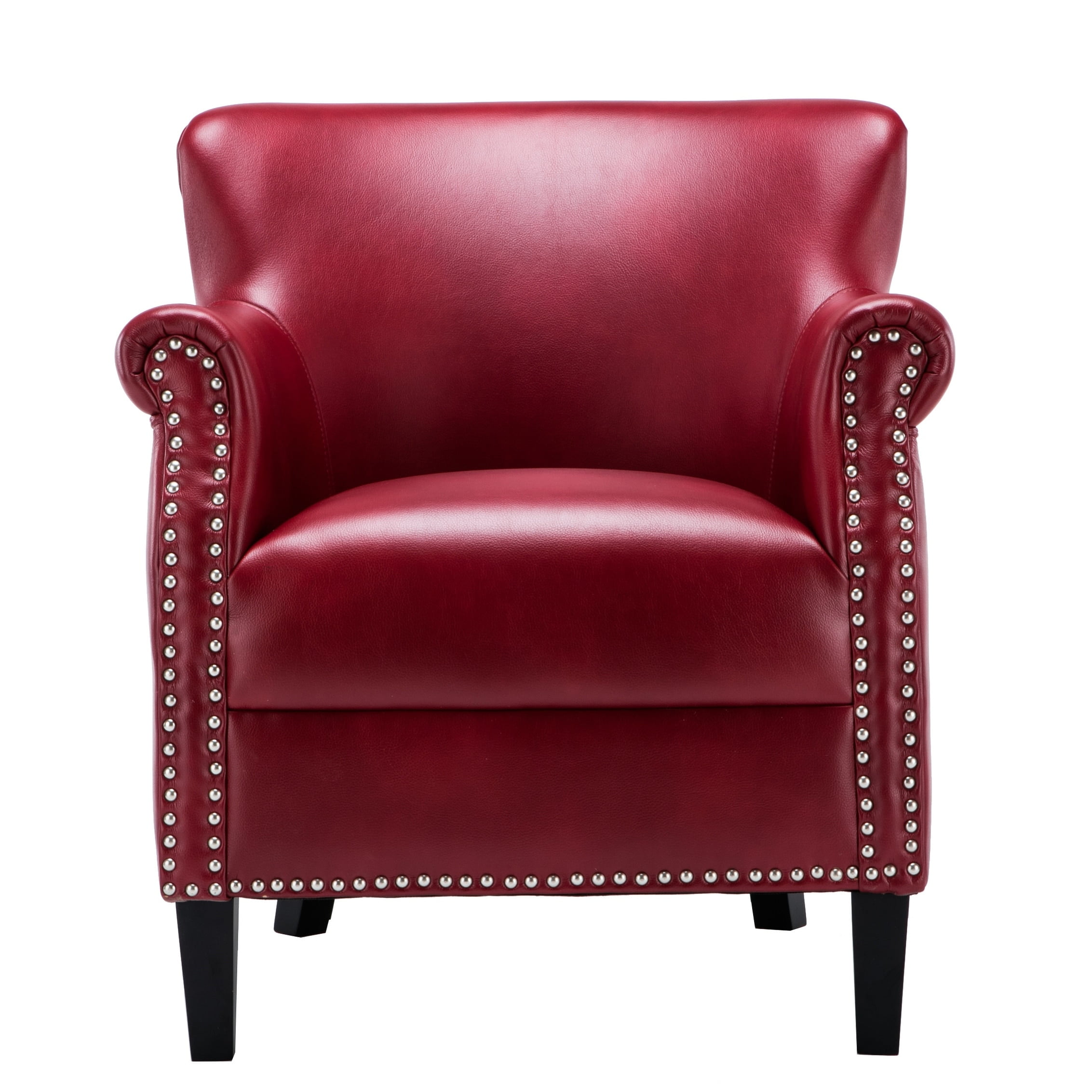 Red Faux Leather Barrel Accent Chair with Chrome Nail Head Trim