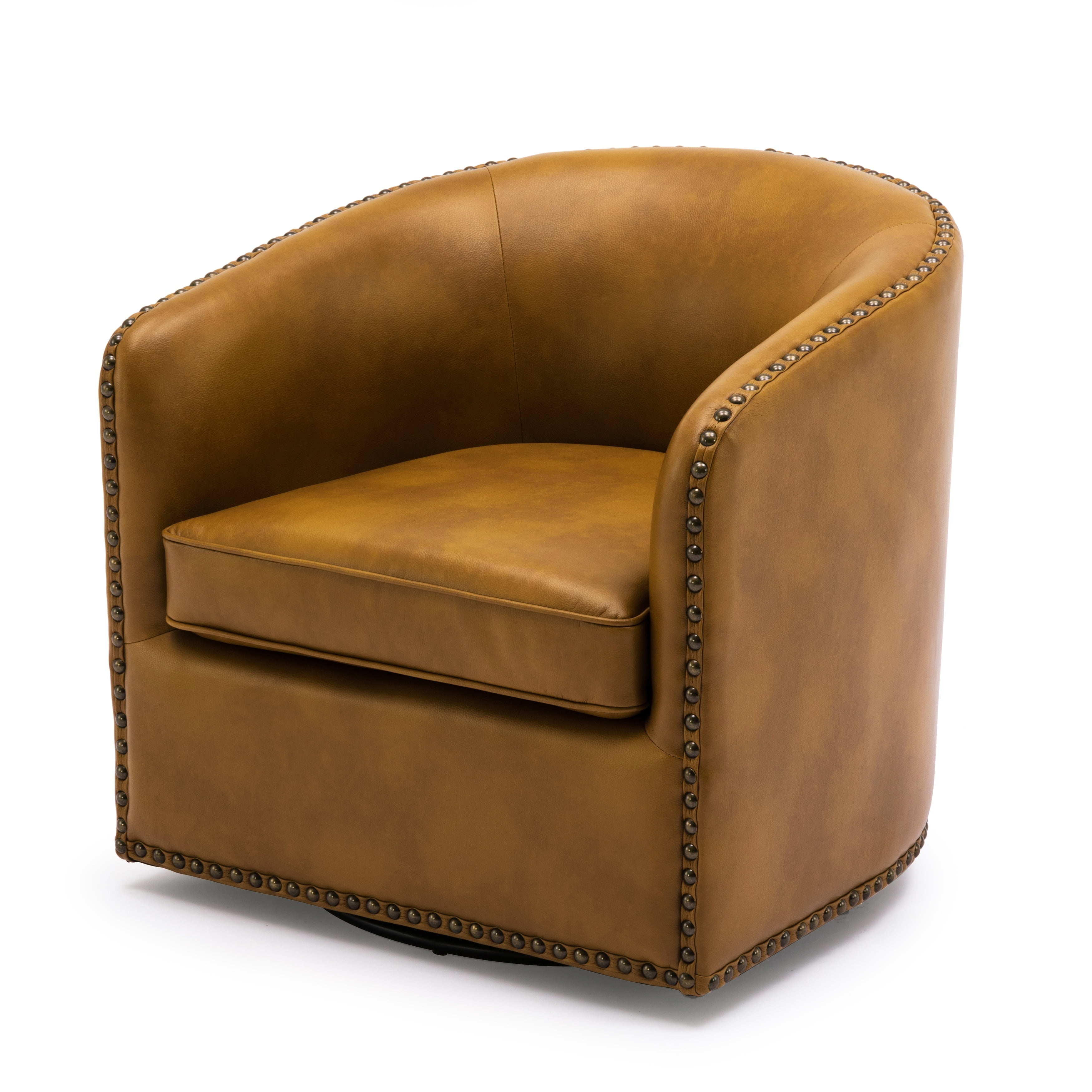 Camel Faux Leather Barrel Swivel Accent Chair with Nailhead Trim