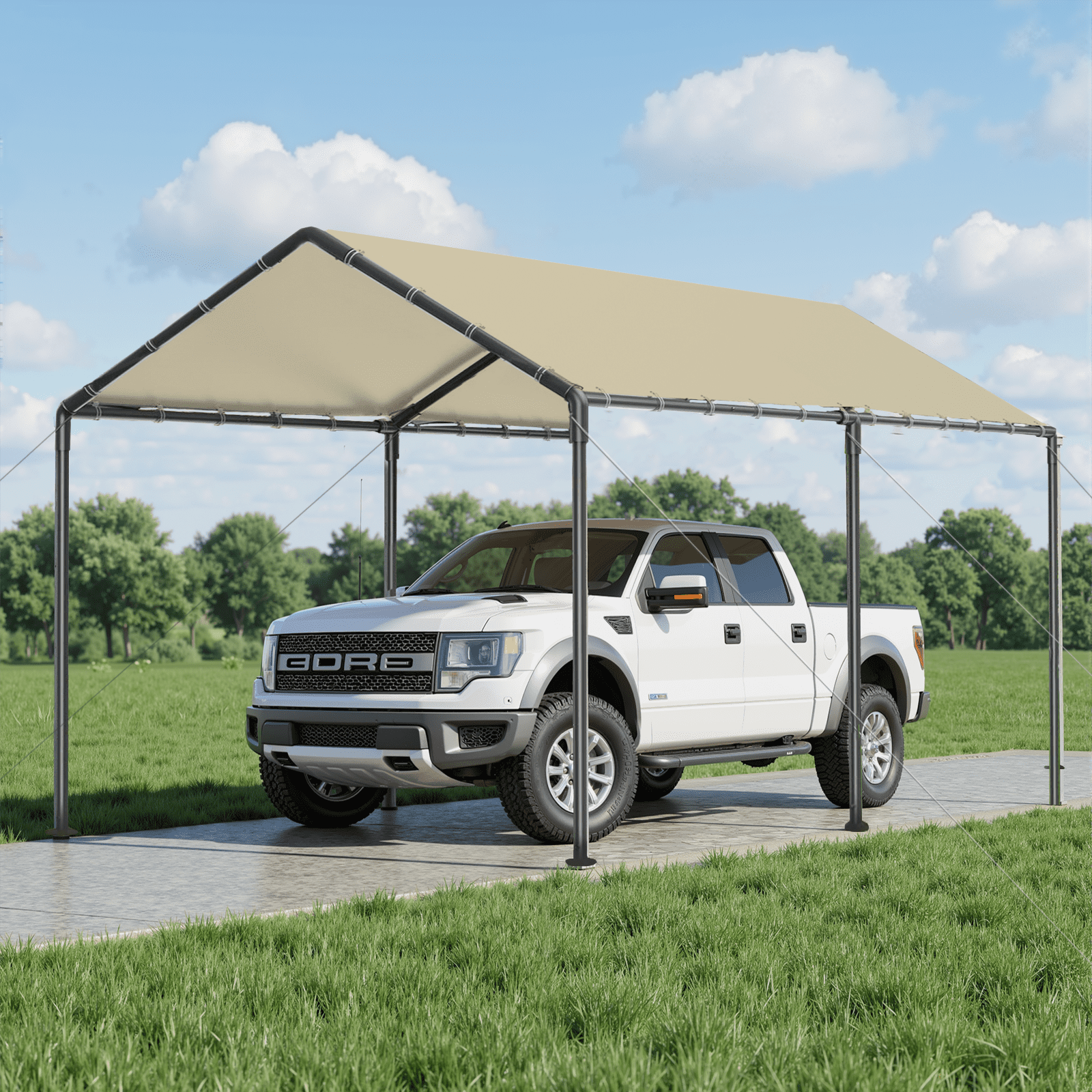 Grezjxc 10x20 ft Metal Carport Car Canopy Portable Car Tent Garage, Beige