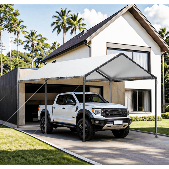 Grezjxc 10x20 ft Metal Carport Car Canopy Portable Car Tent Garage, Beige