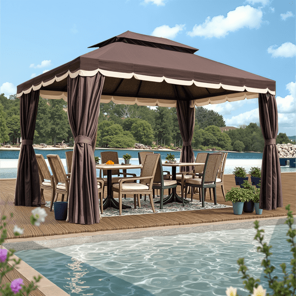 Grezone 10×13 FT Deluxe No Screws Gazebo,Double Roof Outdoor Shelter Tent with Mosquito Nettings and Privacy Screens