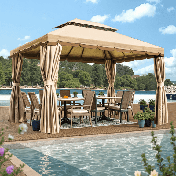 Grezone 10×13 FT Deluxe No Screws Gazebo,Double Roof Outdoor Shelter Tent with Mosquito Nettings and Privacy Screens