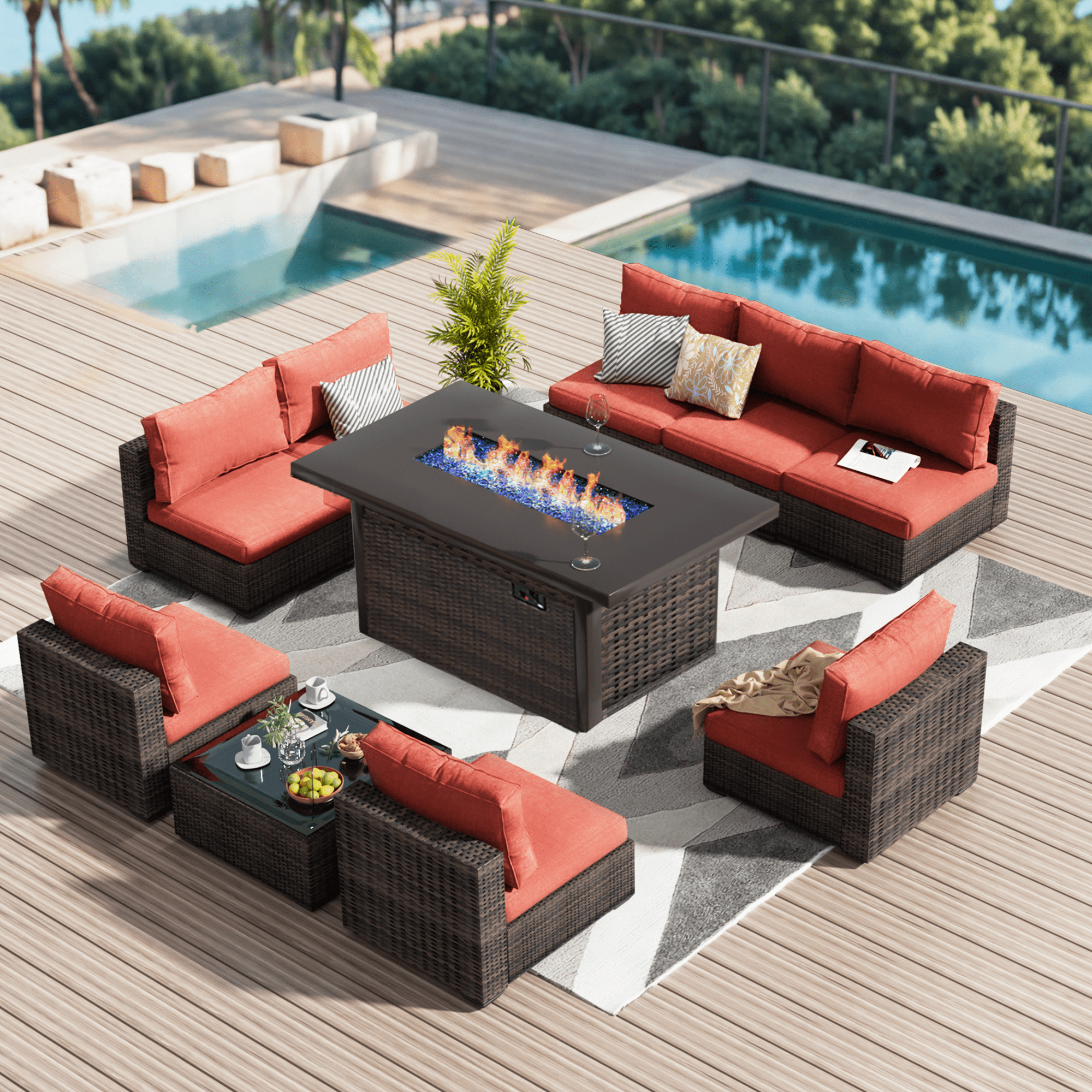 Grezone 10 Piece Patio Furniture Set with Fire Pit Table, All Weather Outdoor Sectional PE Rattan, Patio Conversation Sets with Cushions and Glass Coffee Table for Garden Lawn Balcony