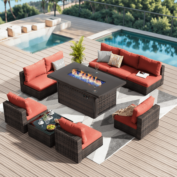 Grezone 10 Piece Patio Furniture Set with Fire Pit Table, All Weather Outdoor Sectional PE Rattan, Patio Conversation Sets with Cushions and Glass Coffee Table for Garden Lawn Balcony