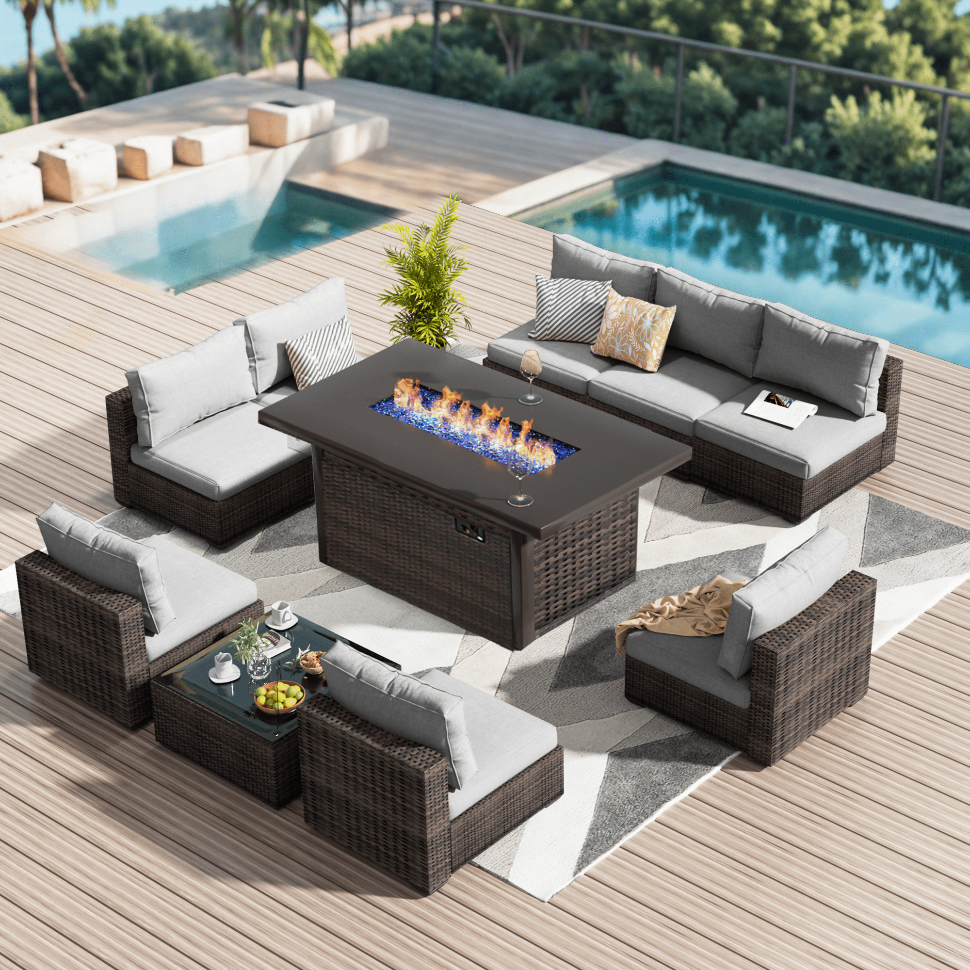 Grezone 10 Piece Patio Furniture Set with Fire Pit Table, All