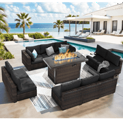 Grezone 11 PCS Outdoor Patio Furniture Set with Fire Pit Table, Wicker Patio Conversation Set, Black