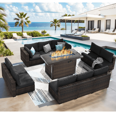 Grezone 11 PCS Outdoor Patio Furniture Set with Fire Pit Table, Wicker Patio Conversation Set, Black