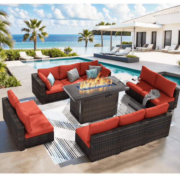 Grezone 11 PCS Outdoor Patio Furniture Set with Fire Pit Table, Wicker Patio Conversation Set, Red