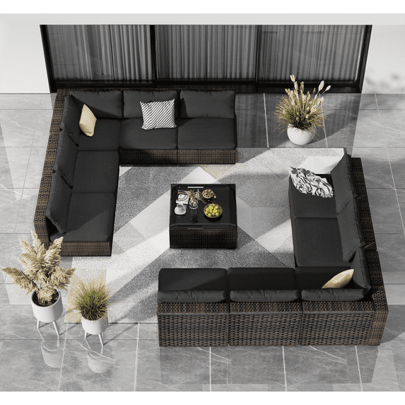 Grezone 11 Pieces Outdoor Sectional Patio Furniture Set, PE Rattan Outdoor Furniture Patio Conversation Set with Cushions and Glass Coffee Table for Porch Balcony Lawn and Garden, Black