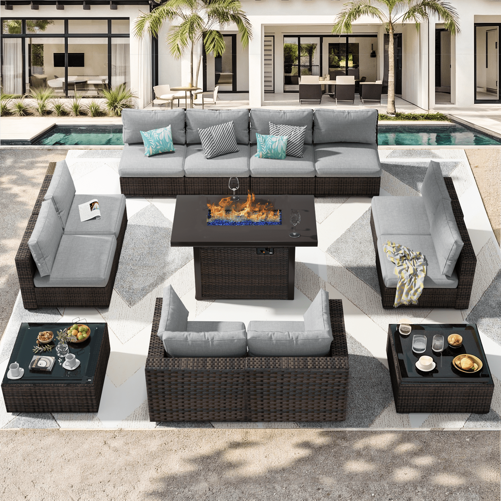 Grezone 13 Piece Patio Furniture Set with Fire Pit Table, All Weather Outdoor Sectional PE Rattan, Patio Conversation Sets with Cushions and Glass Coffee Table for Garden Lawn Balcony