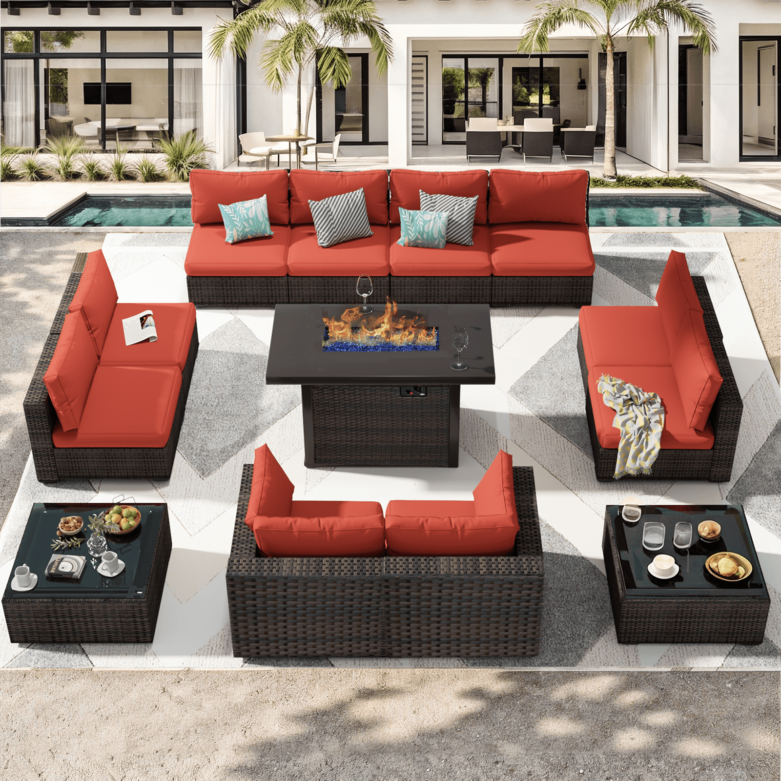 Grezone 13 Piece Patio Furniture Set with Fire Pit Table, All Weather Outdoor Sectional PE Rattan, Patio Conversation Sets with Cushions and Glass Coffee Table for Garden Lawn Balcony