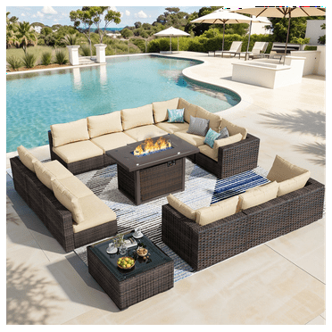Grezone 14 PCS Outdoor Patio Furniture Set with Fire Pit Table Wicker Patio Conversation Set, Beige
