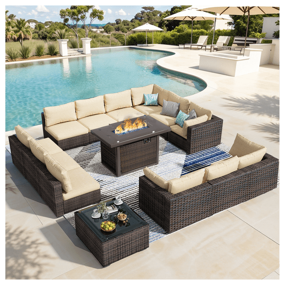 Grezone 14 PCS Outdoor Patio Furniture Set with Fire Pit Table Wicker Patio Conversation Set, Beige