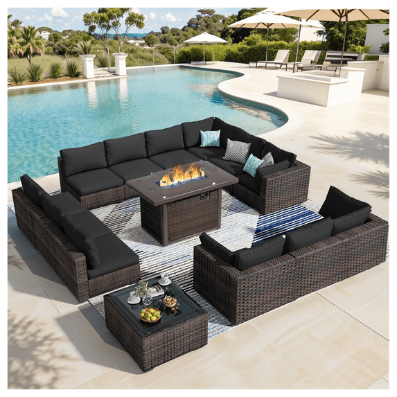 Grezone 14 PCS Outdoor Patio Furniture Set with Fire Pit Table Wicker Patio Conversation Set, Bule