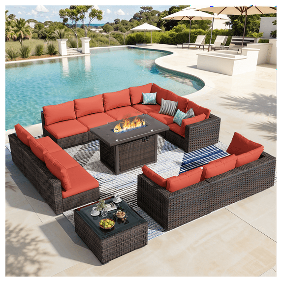 Grezone 14 PCS Outdoor Patio Furniture Set with Fire Pit Table Wicker Patio Conversation Set, Red