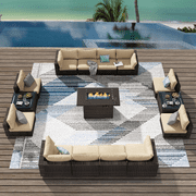 Grezone 15 Pieces Patio Furniture Set with Fire Pit Table, All Weather Outdoor Sectional PE Rattan, Patio Conversation Sets Cushions & Black-glass Coffee Table for Garden Lawn Balcony Porch Deck,Beige