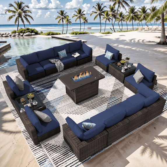 Grezone 15 Pieces Patio Furniture Set with Fire Pit Table, All Weather Outdoor Sectional PE Rattan, Patio Conversation Sets Cushions & Black-glass Coffee Table, Blue