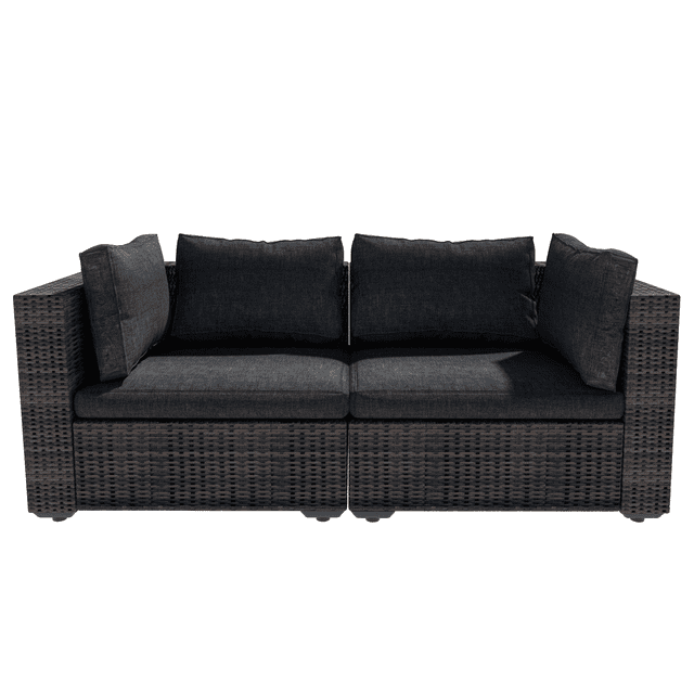 Grezone 2 Pieces Patio Furniture Set, All Weather Outdoor Sectional PE Rattan, Patio Conversation Sets with Cushions and Glass Coffee Table for Garden Lawn Balcony Porch Deck, Black