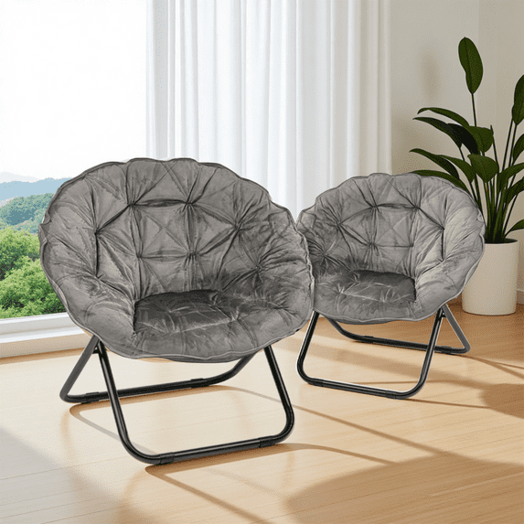 Grezone 2 Pieces Round Foldable Saucer Chair, Moon Chair with Metal Frame for Bedroom