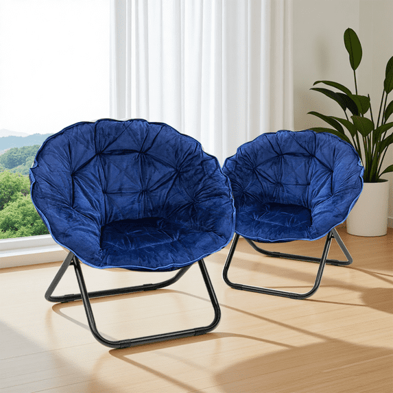 Grezone 2 Pieces Round Foldable Saucer Chair, Moon Chair with Metal Frame for Bedroom