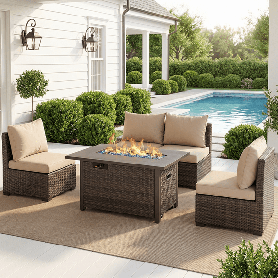 Grezone 5 PCS Outdoor Patio Furniture Set with Fire Pit Table, Wicker Patio Conversation Set, Beige