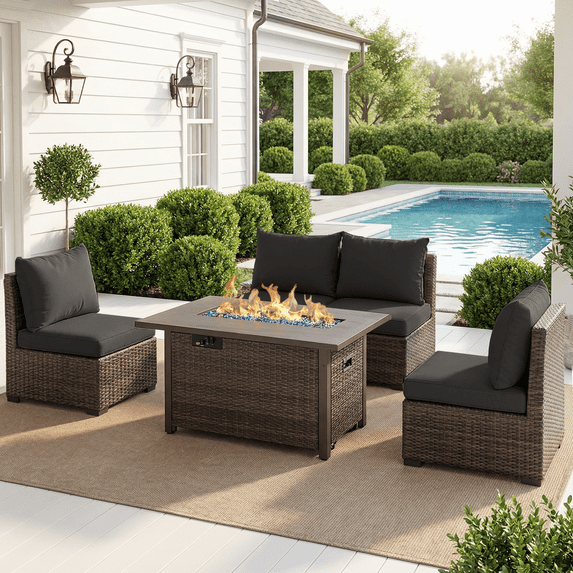 Grezone 5 PCS Outdoor Patio Furniture Set with Fire Pit Table, Wicker Patio Conversation Set, Black