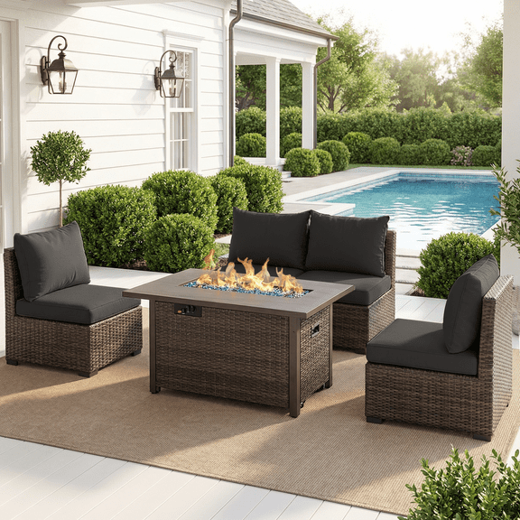 Grezone 5 PCS Outdoor Patio Furniture Set with Fire Pit Table, Wicker Patio Conversation Set, Black