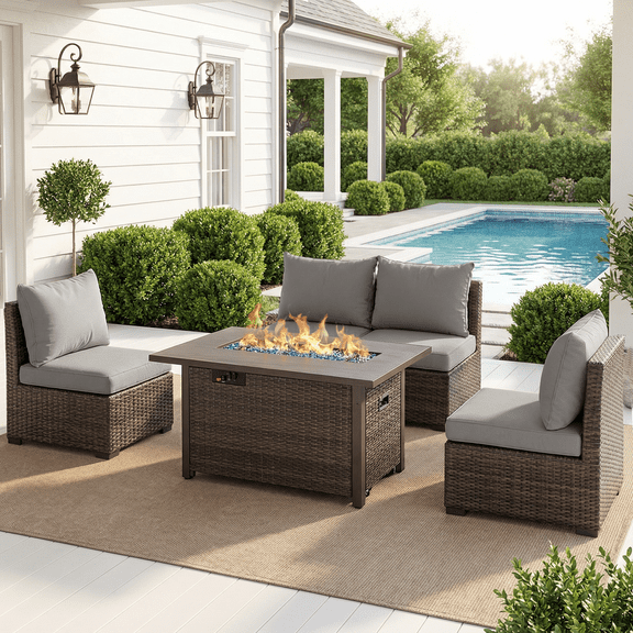 Grezone 5 PCS Outdoor Patio Furniture Set with Fire Pit Table, Wicker Patio Conversation Set, Grey