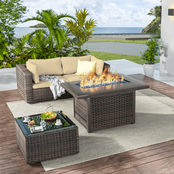 Grezone 4 Pieces Patio Furniture Set with Fire Pit Table, All Weather Outdoor Sectional PE Rattan, Patio Conversation Sets with Cushions and Glass Coffee Table, Beige