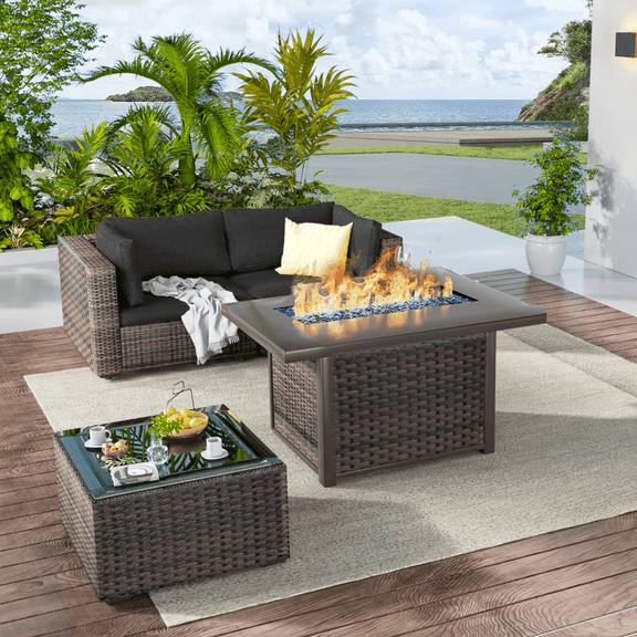Grezone 4 Pieces Patio Furniture Set with Fire Pit Table, All Weather Outdoor Sectional PE Rattan, Patio Conversation Sets with Cushions and Glass Coffee Table, Black