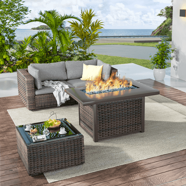 Grezone 4 Pieces Patio Furniture Set with Fire Pit Table, All Weather Outdoor Sectional PE Rattan, Patio Conversation Sets with Cushions and Glass Coffee Table, Gray