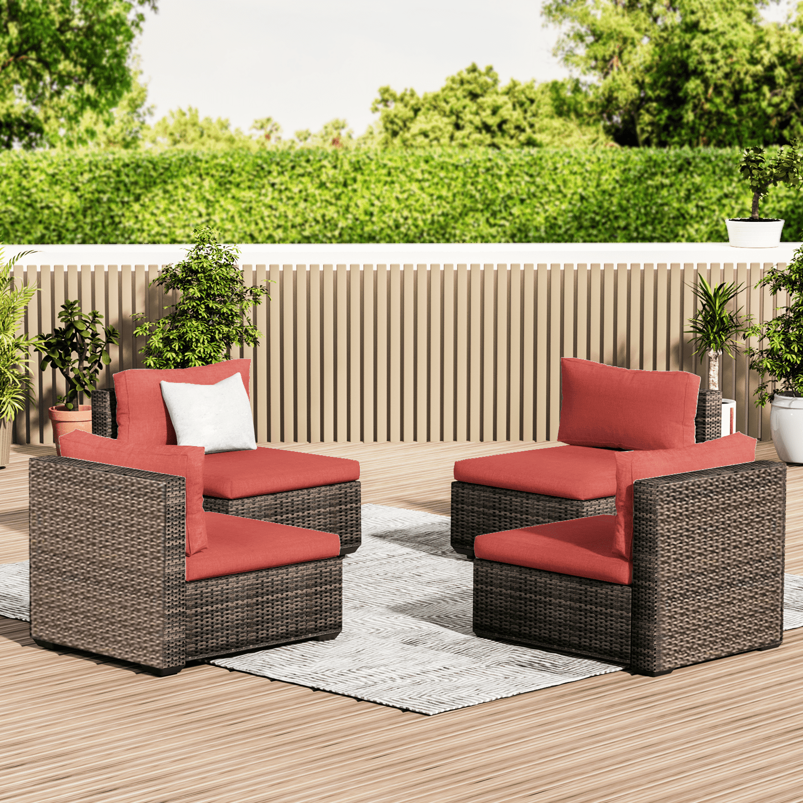 Grezone 4 Pieces Patio Furniture Set, All Weather Outdoor Sectional PE Rattan, Patio Conversation Sets with Cushions and Glass Coffee Table for Garden Lawn Balcony Porch Deck, Red