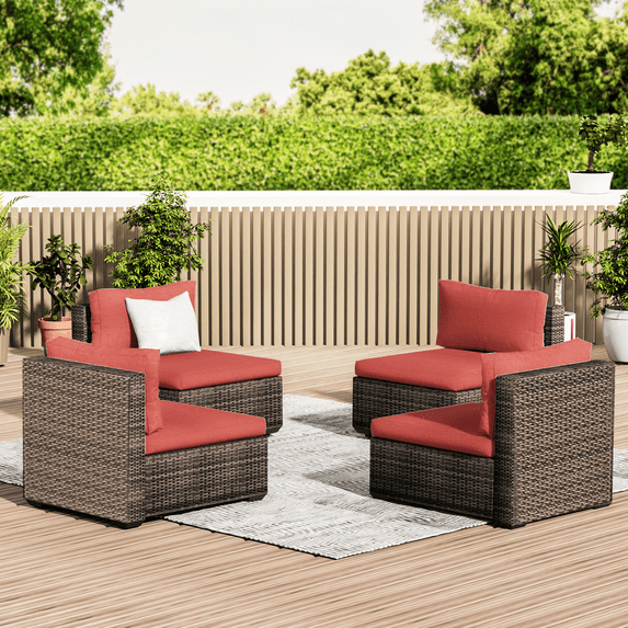 Grezone 4 Pieces Patio Furniture Set, All Weather Outdoor Sectional PE Rattan, Patio Conversation Sets with Cushions and Glass Coffee Table for Garden Lawn Balcony Porch Deck, Red
