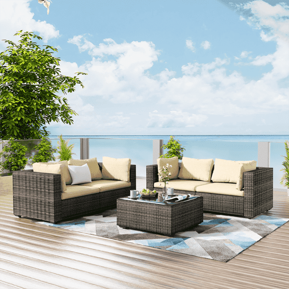 Grezone 5 Pieces Patio Furniture Set, All Weather Outdoor Sectional PE Rattan, Patio Conversation Sets with Cushions and Glass Coffee Table for Garden Lawn Balcony Porch Deck, Beige