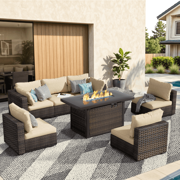 Grezone 7 PCS Outdoor Patio Furniture Set with Fire Pit Table Wicker Patio Conversation Set, Beige