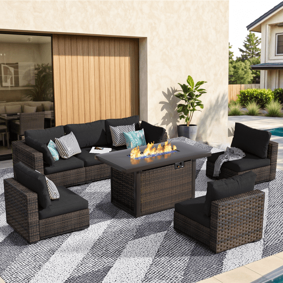 Grezone 7 PCS Outdoor Patio Furniture Set with Fire Pit Table, Wicker Patio Conversation Set, Black