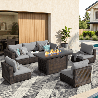 Grezone 7 PCS Outdoor Patio Furniture Set with Fire Pit Table, Wicker Patio Conversation Set, Grey