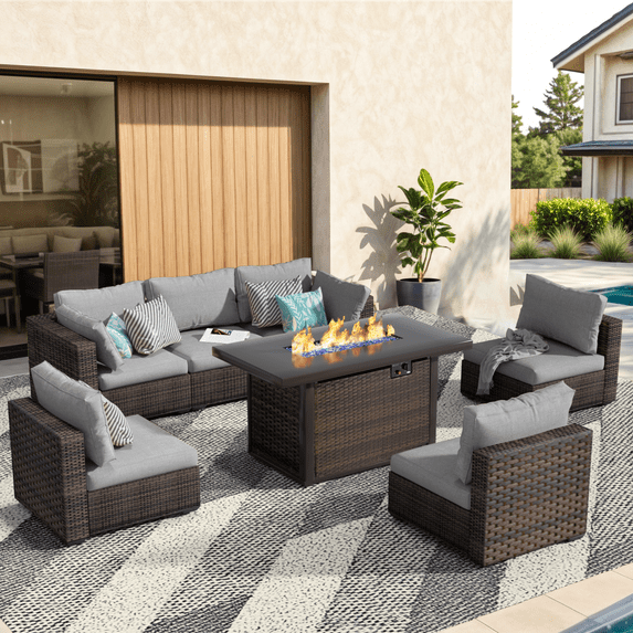 Grezone 7 PCS Outdoor Patio Furniture Set with Fire Pit Table, Wicker Patio Conversation Set, Grey