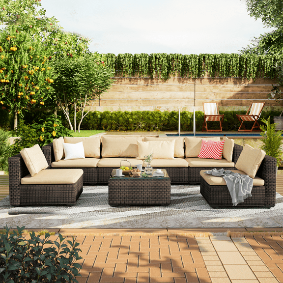 Grezone 7 Patio Outdoor Furniture Wicker Sectional Sofa Couch Lawn Sectional, Beige