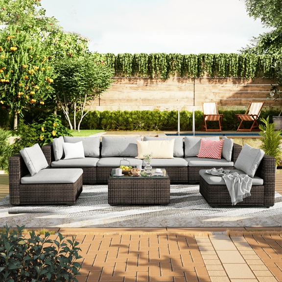 Grezone 7 Patio Outdoor Furniture Wicker Sectional Sofa Couch Lawn Sectional Black Glass Table, Gray
