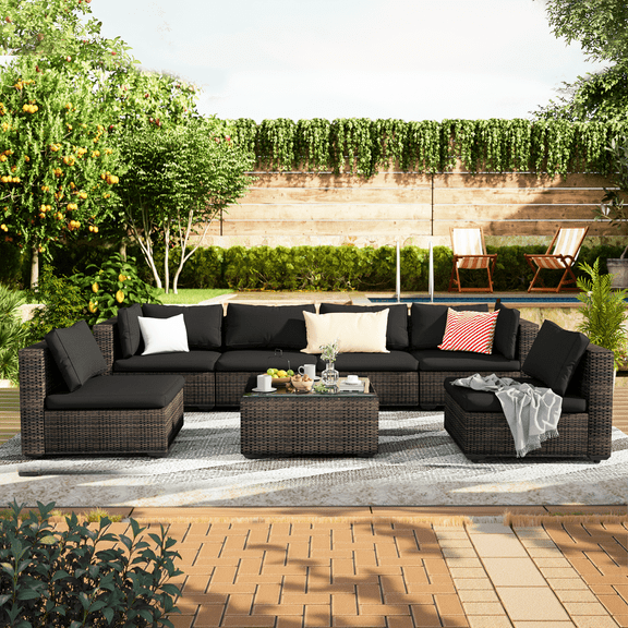 Grezone 7 Patio Outdoor Furniture Wicker Sectional Sofa Couch Lawn Sectional, Black