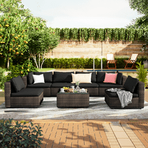 Grezone 7 Patio Outdoor Furniture Wicker Sectional Sofa Couch Lawn Sectional, Black