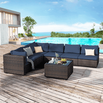 Grezone 7 Patio Outdoor Furniture Wicker Sectional Sofa Couch Lawn Sectional, Blue