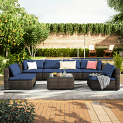 Grezone 7 Patio Outdoor Furniture Wicker Sectional Sofa Couch Lawn Sectional, Blue