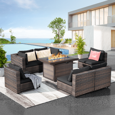Grezone 7 Pieces Patio Outdoor Furniture Sets All Weather Wicker Sectional Sofa Couch Lawn Sectional Furniture with 43" 55000BTU Gas Propane Fire Pit Table (Black)