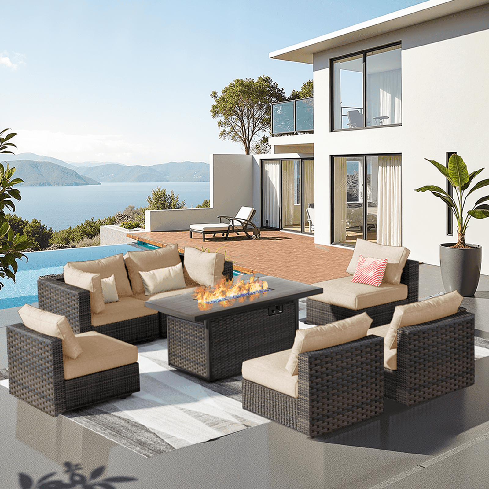 Grezone 7 Piece Patio Furniture Sets on Sale with Fire Pit Table, All Weather Outdoor Sectional PE Rattan, Patio Furniture Sets with Cushions for Garden, Lawn, Backyard,Beige