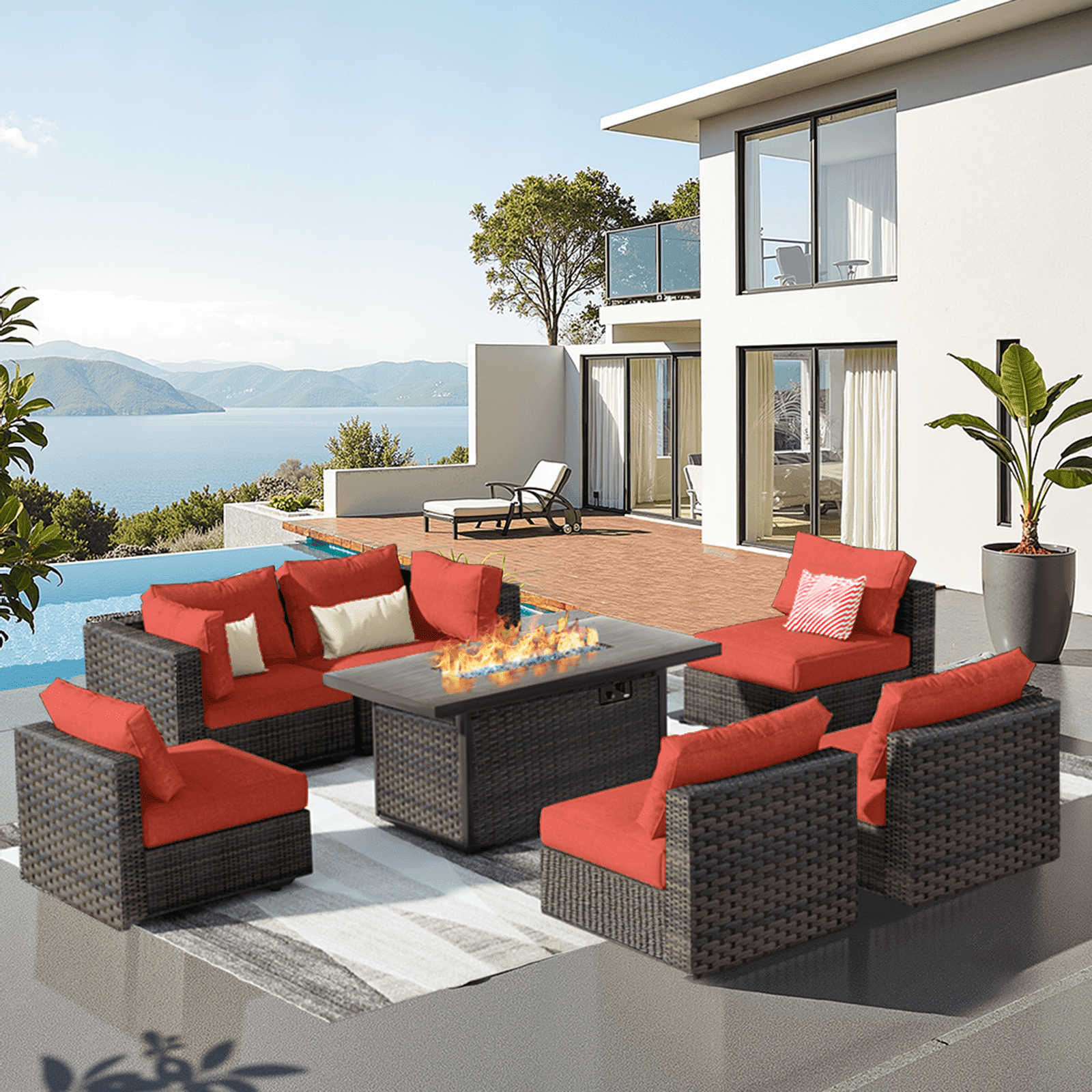 GREZONE 7 Piece Patio Furniture Set, Fire Pit Table, PE Rattan, Cushions, All-Weather, Red