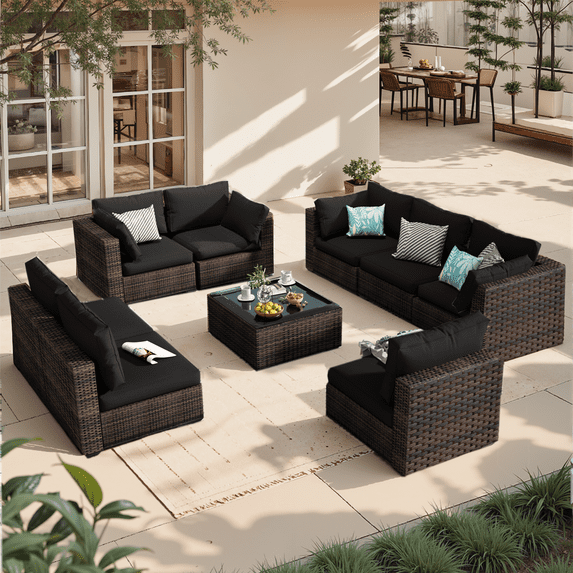 Grezone 9 Pieces Outdoor Patio Furniture, PE Wicker Rattan Sectional Sofa Patio Conversation Sets