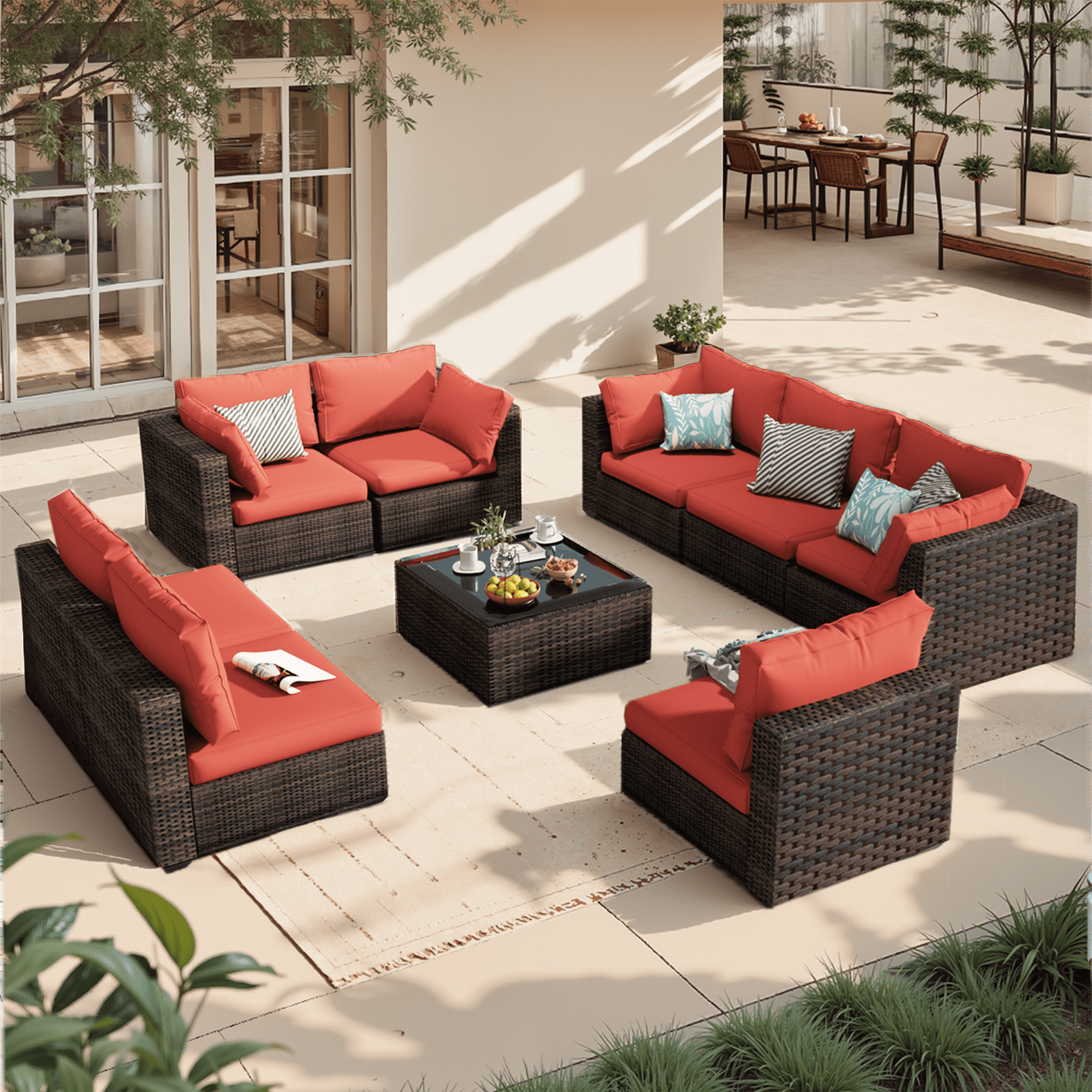 Grezone 9 Pieces Outdoor Patio Furniture, PE Wicker Rattan Sectional Sofa Patio Conversation Sets