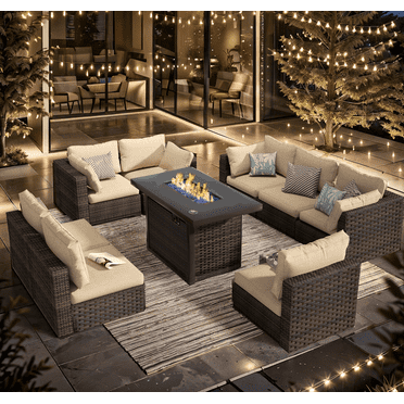Grezone 9 Pieces Outdoor Patio Furniture with 43" 55000BTU Gas Propane Fire Pit Table PE Wicker Rattan Sectional Sofa Patio Conversation Sets